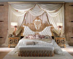 Golden Luxury Furniture Elite Luxury Heritage Bedroom with Grand Baroque Architecture, Golden Ornamental Framework And Custom Embellished Textiles
