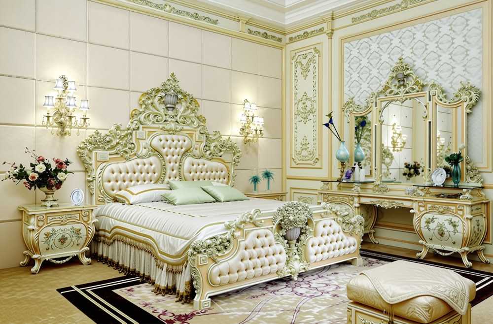 Golden Luxury Furniture Antique Baroque Bed – Hand-Carved Floral Accents