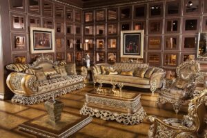 Golden Luxury Furniture Luxurious Handcrafted Sofa Set with Elaborate Carvings and Rich Brocade Upholstery – Perfect Centerpiece for Elegant Living Rooms