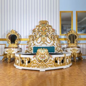 Golden Luxury Furniture Luxurious Antique Round Bed Featuring Ornate Hand-Painted Heavy Floral Carved Headboard