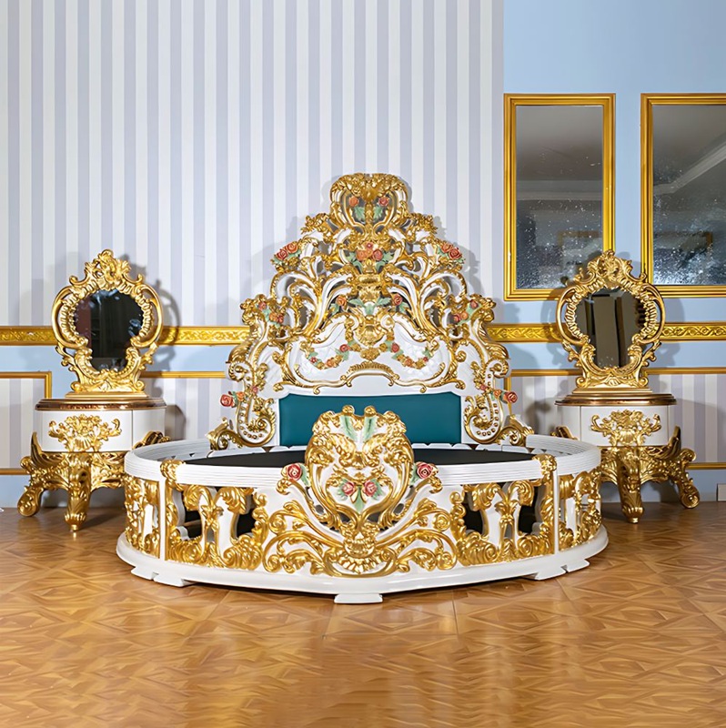 Golden Luxury Furniture Luxurious Antique Round Bed Featuring Ornate Hand-Painted Heavy Floral Carved Headboard