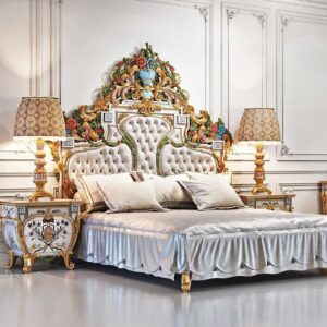 Golden Luxury Furniture Traditional Hand-Painted Headboard with Heavy Floral Carving – Luxurious Antique Bed Design