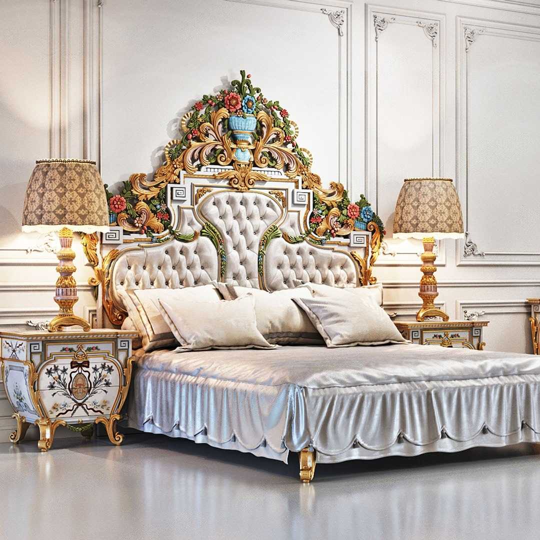 Golden Luxury Furniture Traditional Hand-Painted Headboard with Heavy Floral Carving – Luxurious Antique Bed Design