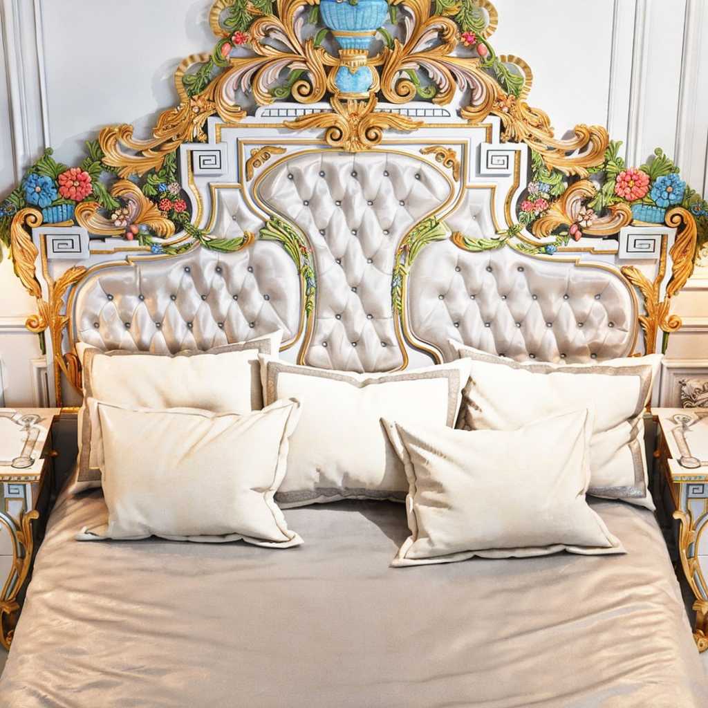 Golden Luxury Furniture Traditional Hand-Painted Headboard with Heavy Floral Carving – Luxurious Antique Bed Design - Image 3