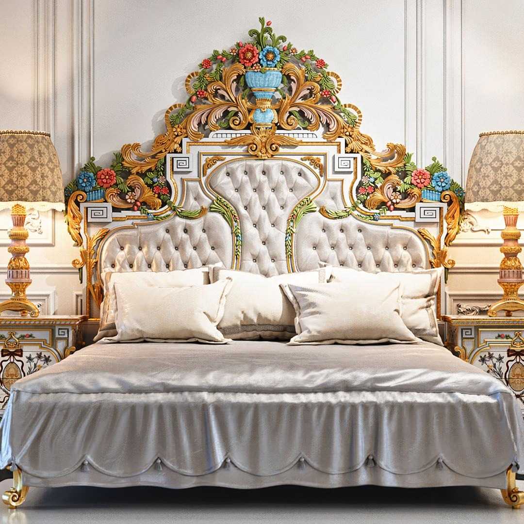 Golden Luxury Furniture Traditional Hand-Painted Headboard with Heavy Floral Carving – Luxurious Antique Bed Design - Image 5