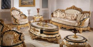Golden Luxury Furniture luxury baroque living room set gold / white / blue / gold – 2 Sofas & 2 Armchairs & 1 Coffee Table & 2 Side Tables – Handmade baroque living room furniture – Noble & Magnificent