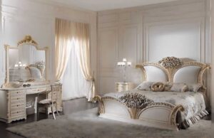 Golden Luxury Furniture Ultra-Luxury Imperial Floral Royale Bedroom Set with Hand-Carved Baroque Crowns, Pearl-Tufted Panels And Grand Vanity Ensemble