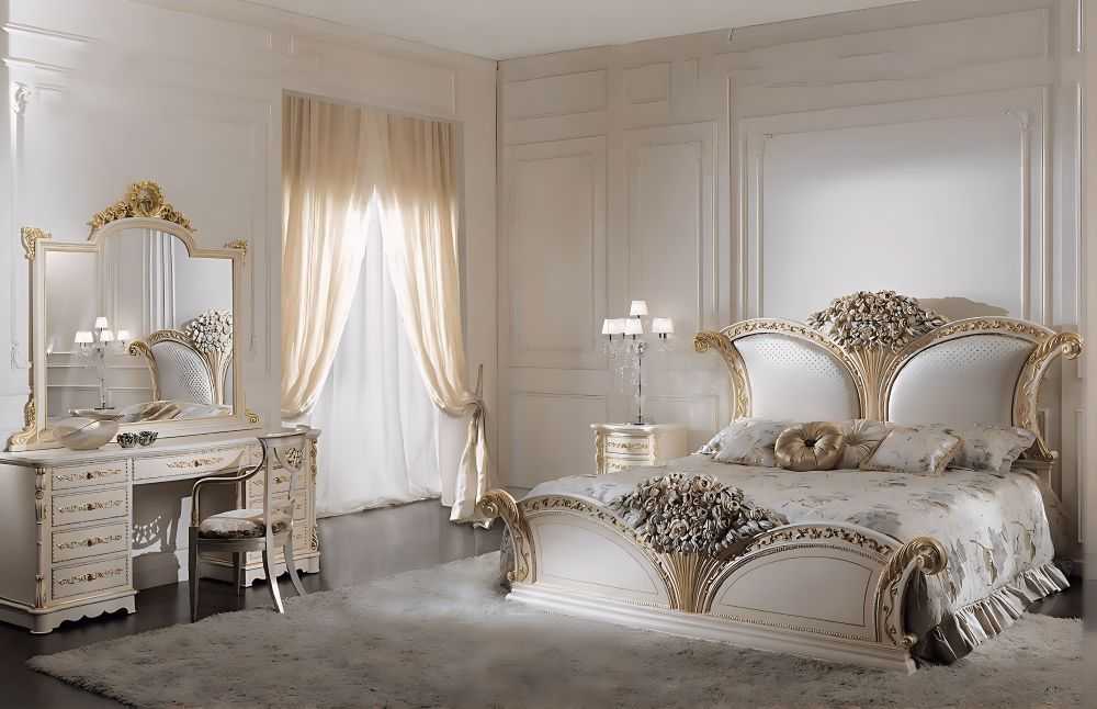 Golden Luxury Furniture Ultra-Luxury Imperial Floral Royale Bedroom Set with Hand-Carved Baroque Crowns, Pearl-Tufted Panels And Grand Vanity Ensemble