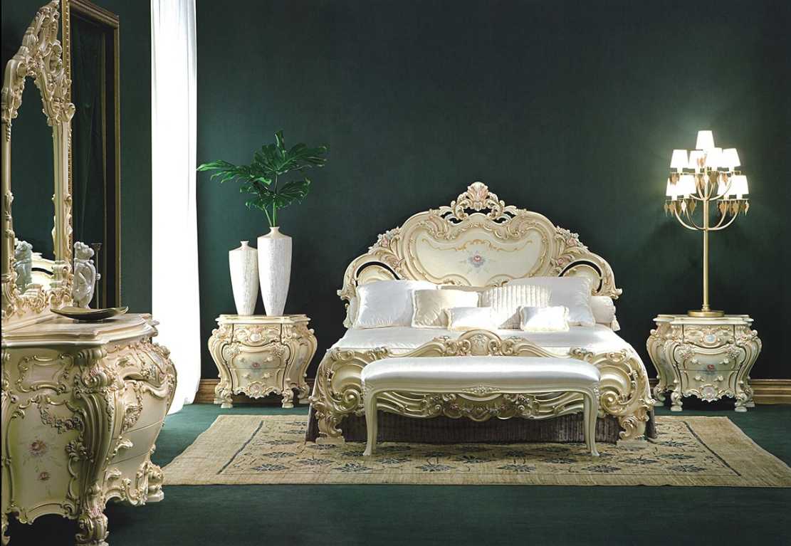 Golden Luxury Furniture Italian Classic Hand-Carved Bedroom Set Featuring Antique Ivory Finish, Floral Hand-Painting, Ornate Baroque Scrollwork And Royal Curved Silhouette Design
