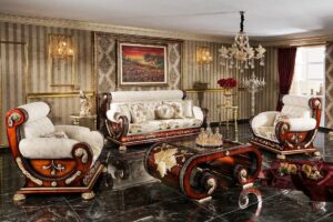 Golden Luxury Furniture Regal Crown Handcrafted Luxury Carving Sofa Set with Elegant Royal Detailing