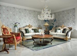 Golden Luxury Furniture Imperial Maharaja Style Carved Wooden Sofa Set with Deep Cushion Comfort