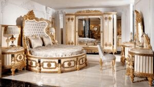 Golden Luxury Furniture European Royal Bedroom Set Featuring Deep Golden Carvings And Classic Palace Detailing