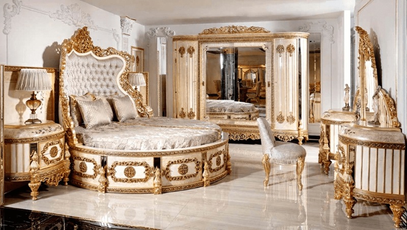 Golden Luxury Furniture European Royal Bedroom Set Featuring Deep Golden Carvings And Classic Palace Detailing