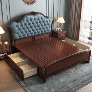 , classic-style wooden bed with a tufted, light blue leather headboard