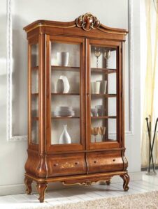 Elegant Wooden Display Cabinet with Glass Doors and Decorative Design