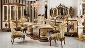 Golden Luxury Dining Table Set Handcrafted, Gilded Gold Leaf Detailing, Rococo-Inspired, Upholstered Chairs Premium European Design