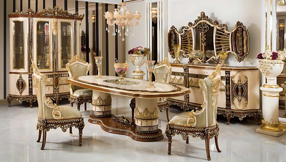 Luxury Dining Table Set  Handcrafted, Gilded Gold Leaf Detailing, Rococo-Inspired, Upholstered Chairs Premium European Design
