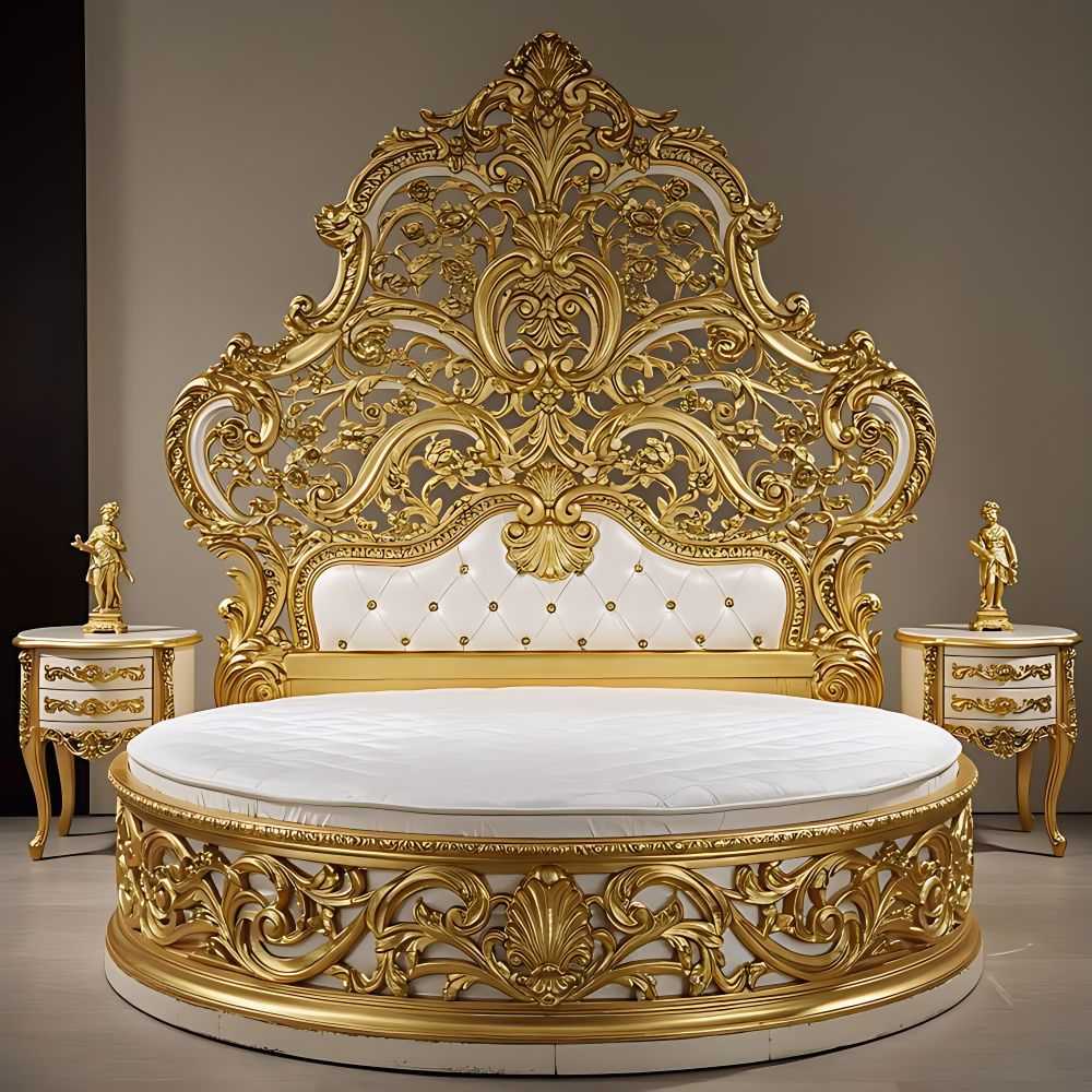 Golden Luxury Furniture Luxury Round Bed with Gold Ornate Frame and White Upholstery – Elegant Baroque Design for Royal Bedrooms