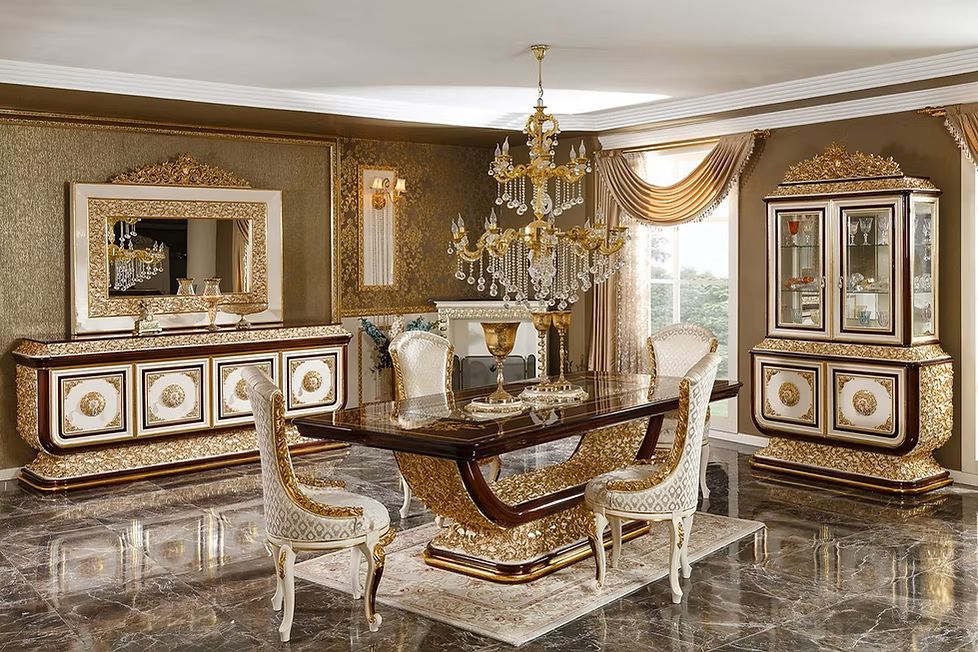 Golden Ultra Luxury Emperor Heritage Dining Ensemble Detailed with Deep Carved European Motifs, Majestic Golden Highlights And Elite Royal Chairs