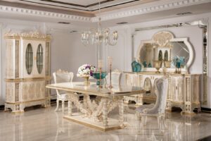 Golden luxury Carved Dining Room Set with Ornamental Pedestal Table, Elegant Upholstered Chairs, Grand Buffet Mirror And Decorative Curio Cabinet