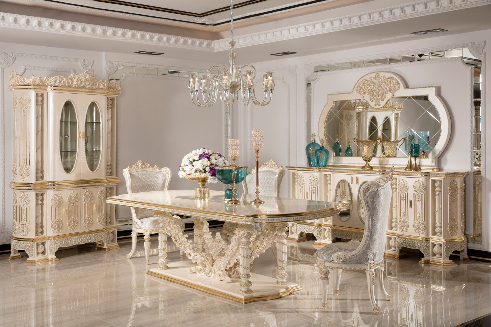 Golden luxury Carved Dining Room Set with Ornamental Pedestal Table, Elegant Upholstered Chairs, Grand Buffet Mirror And Decorative Curio Cabinet