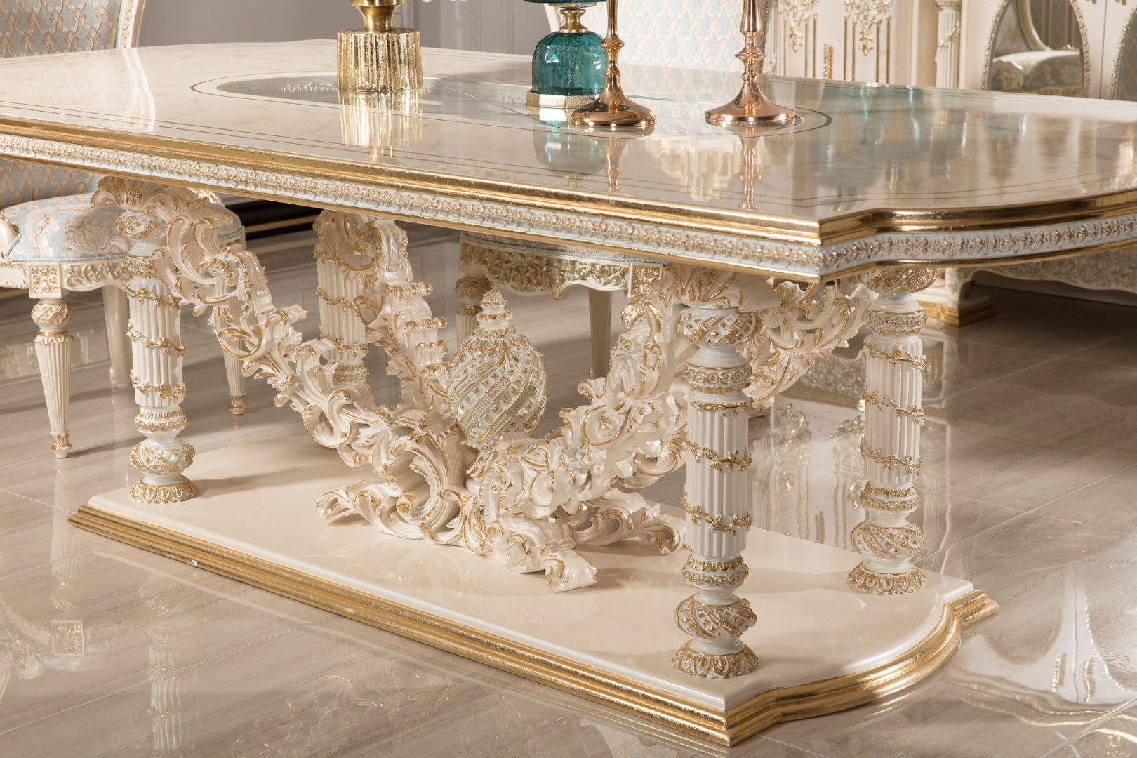 Golden luxury Carved Dining Room Set with Ornamental Pedestal Table, Elegant Upholstered Chairs, Grand Buffet Mirror And Decorative Curio Cabinet - Image 2