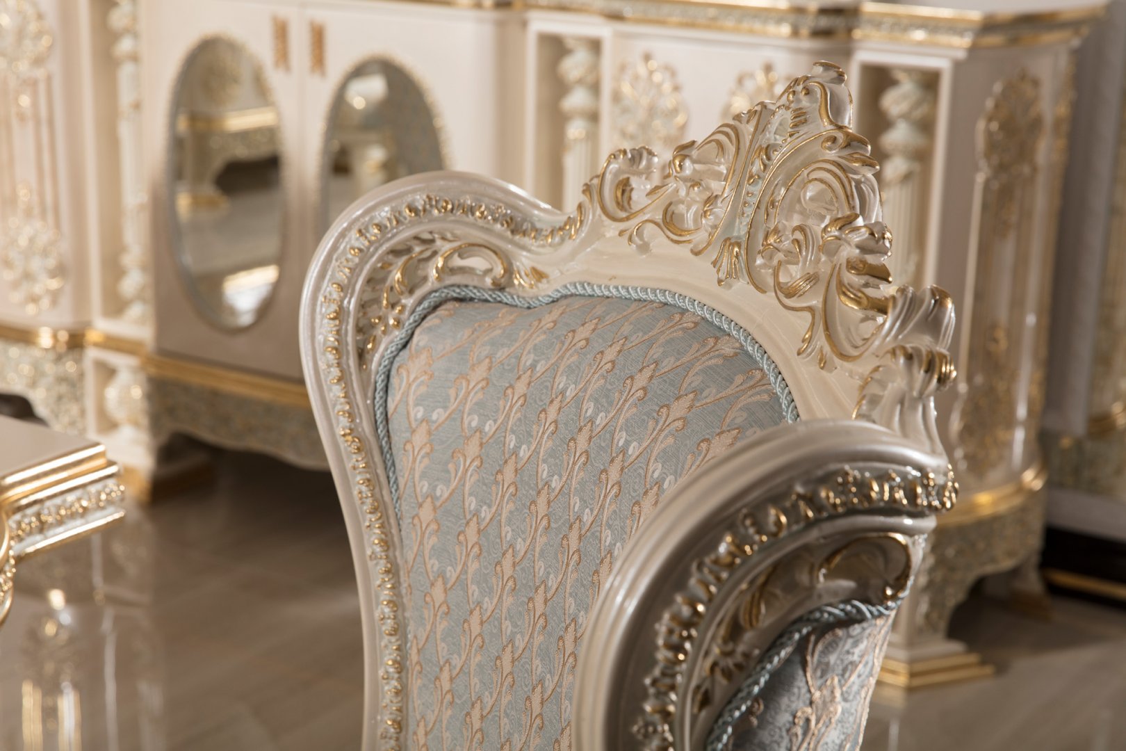 Golden luxury Carved Dining Room Set with Ornamental Pedestal Table, Elegant Upholstered Chairs, Grand Buffet Mirror And Decorative Curio Cabinet - Image 3