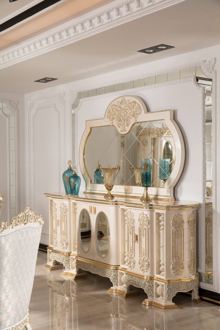 Golden luxury Carved Dining Room Set with Ornamental Pedestal Table, Elegant Upholstered Chairs, Grand Buffet Mirror And Decorative Curio Cabinet - Image 4