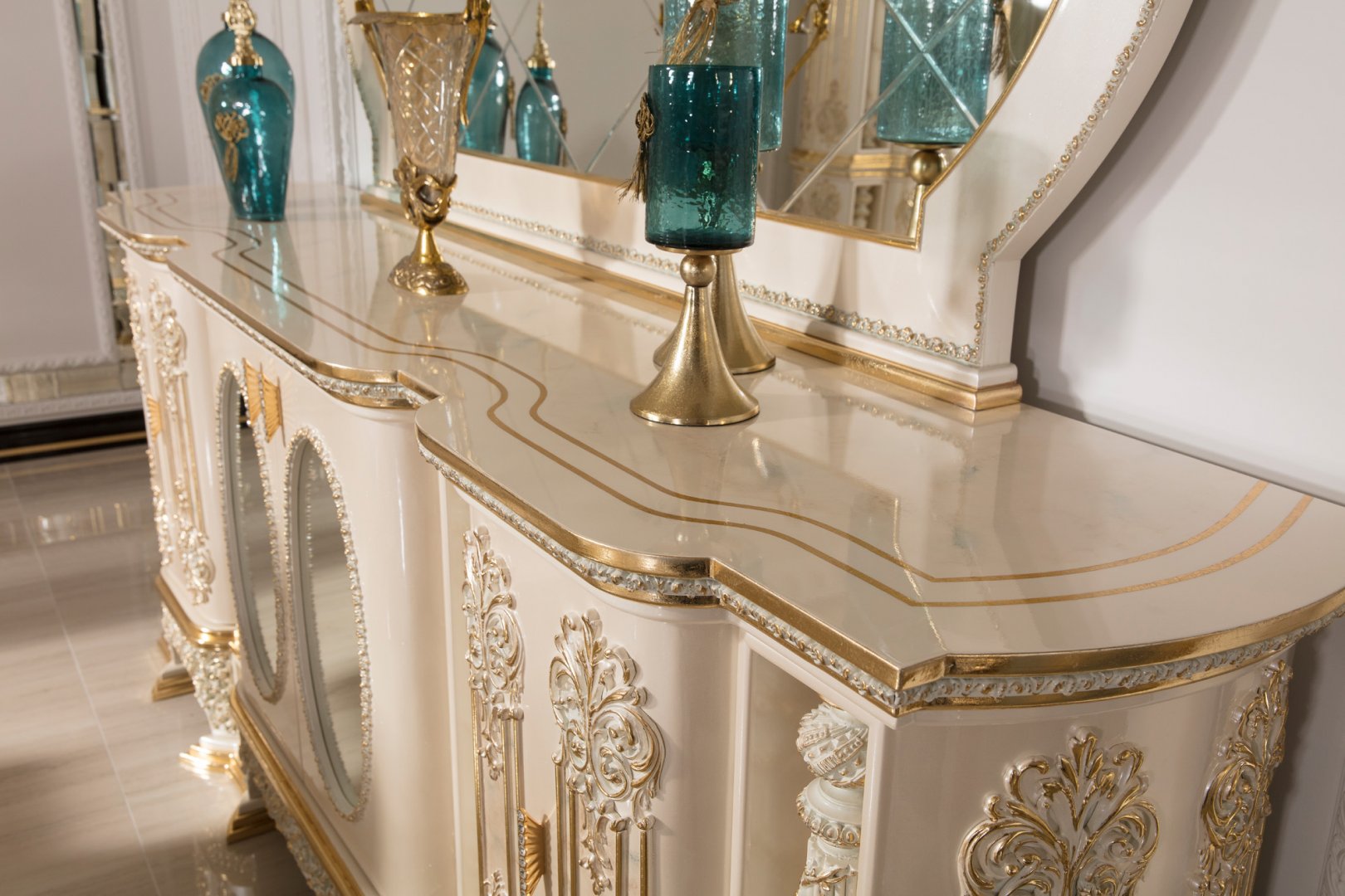 Golden luxury Carved Dining Room Set with Ornamental Pedestal Table, Elegant Upholstered Chairs, Grand Buffet Mirror And Decorative Curio Cabinet - Image 5