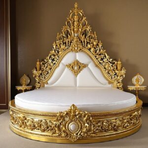 Golden Luxury Furniture Luxury Round Bed with Gold Ornate Frame and White Upholstery – Elegant Baroque Design