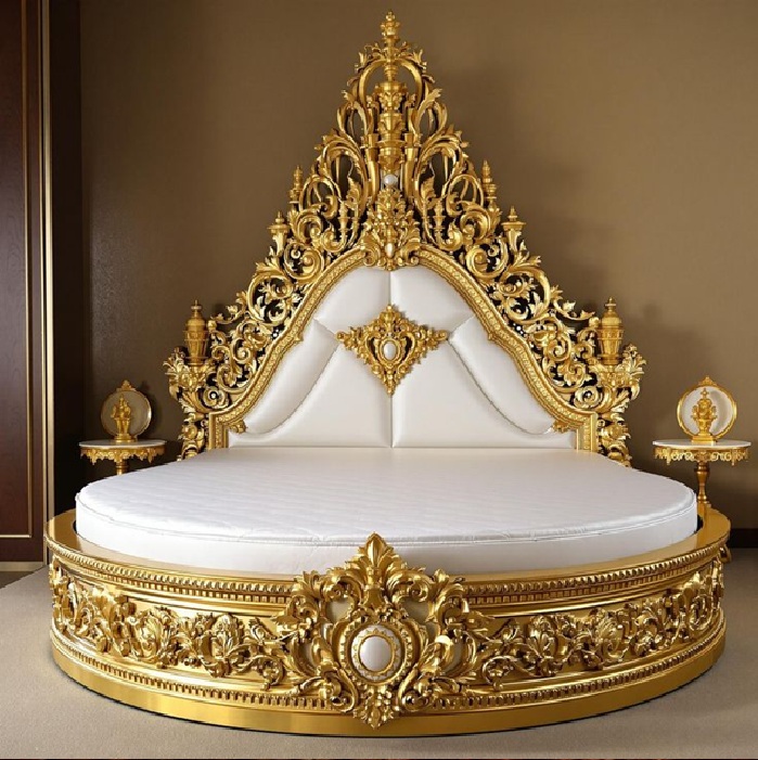 Golden Luxury Furniture Luxury Round Bed with Gold Ornate Frame and White Upholstery – Elegant Baroque Design