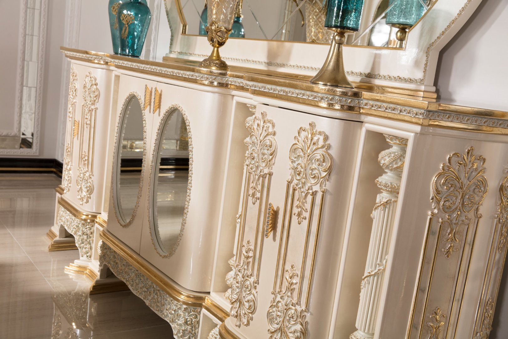 Golden luxury Carved Dining Room Set with Ornamental Pedestal Table, Elegant Upholstered Chairs, Grand Buffet Mirror And Decorative Curio Cabinet - Image 6
