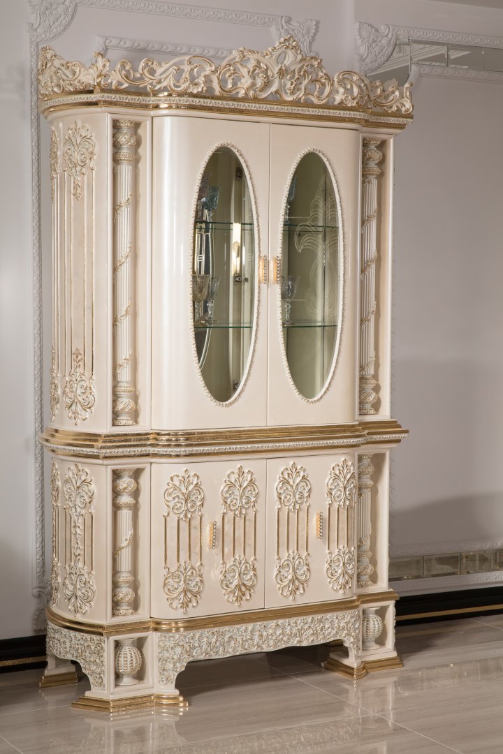 Golden luxury Carved Dining Room Set with Ornamental Pedestal Table, Elegant Upholstered Chairs, Grand Buffet Mirror And Decorative Curio Cabinet - Image 7