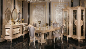 Golden Luxury Victorian-Baroque Fusion Dining Set Featuring Sculpted Gold Ornamentation Handcrafted Buffet Console With Mirrored Trims And Royal Glass Vitrine