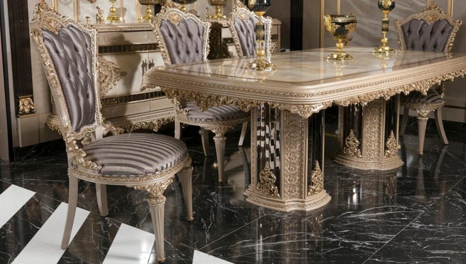 Golden Luxury Victorian-Baroque Fusion Dining Set Featuring Sculpted Gold Ornamentation Handcrafted Buffet Console With Mirrored Trims And Royal Glass Vitrine - Image 2