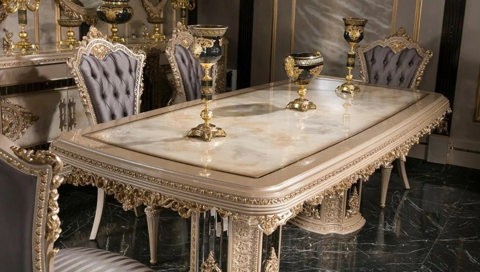 Golden Luxury Victorian-Baroque Fusion Dining Set Featuring Sculpted Gold Ornamentation Handcrafted Buffet Console With Mirrored Trims And Royal Glass Vitrine - Image 3