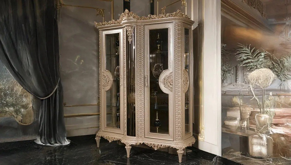 Golden Luxury Victorian-Baroque Fusion Dining Set Featuring Sculpted Gold Ornamentation Handcrafted Buffet Console With Mirrored Trims And Royal Glass Vitrine - Image 4