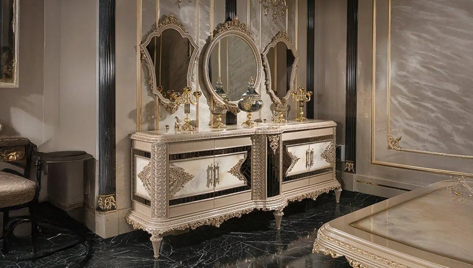 Golden Luxury Victorian-Baroque Fusion Dining Set Featuring Sculpted Gold Ornamentation Handcrafted Buffet Console With Mirrored Trims And Royal Glass Vitrine - Image 5