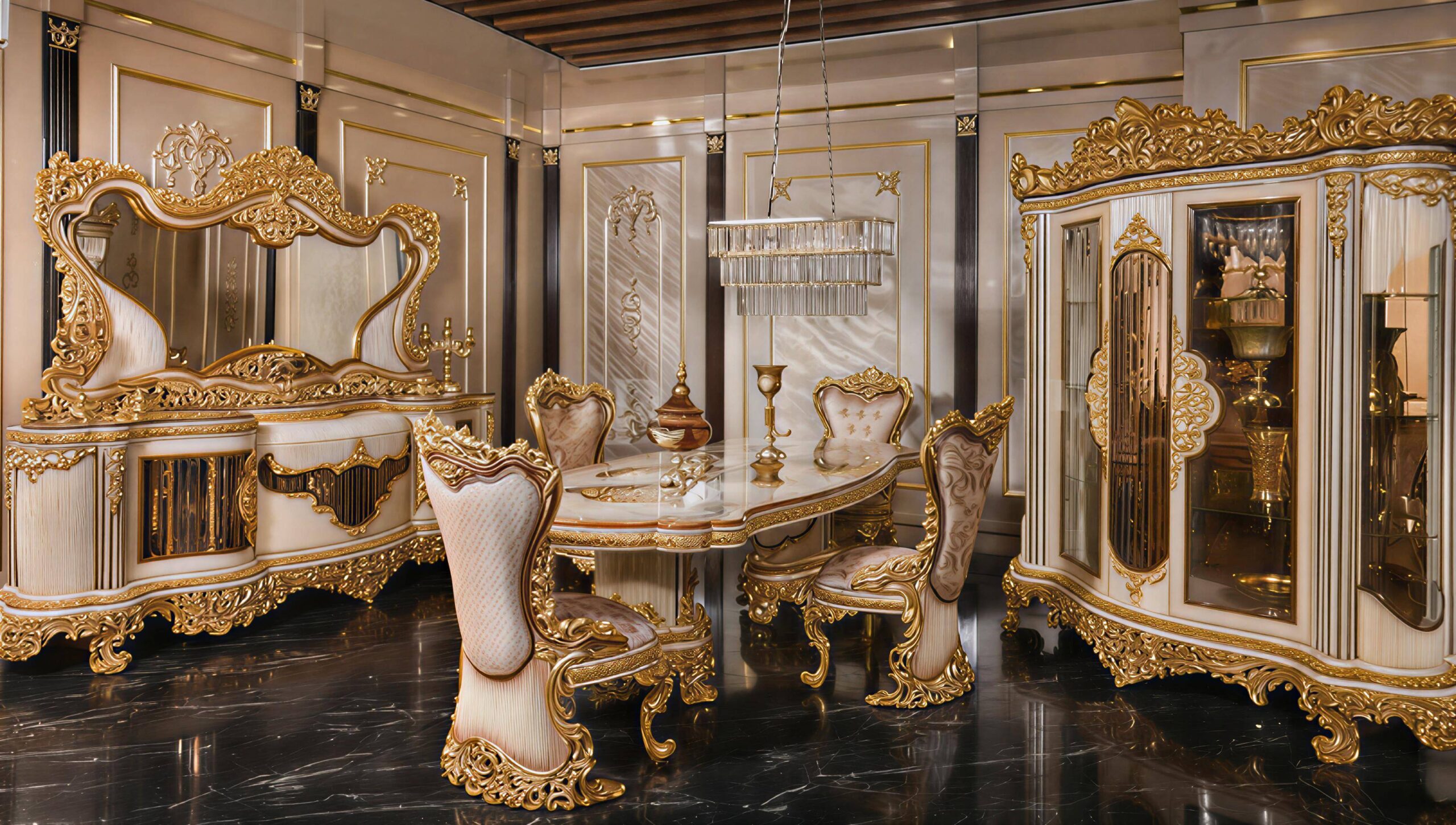 Golden Luxury Furniture Carved Dining Set (6-Seater) Classic European Elegance