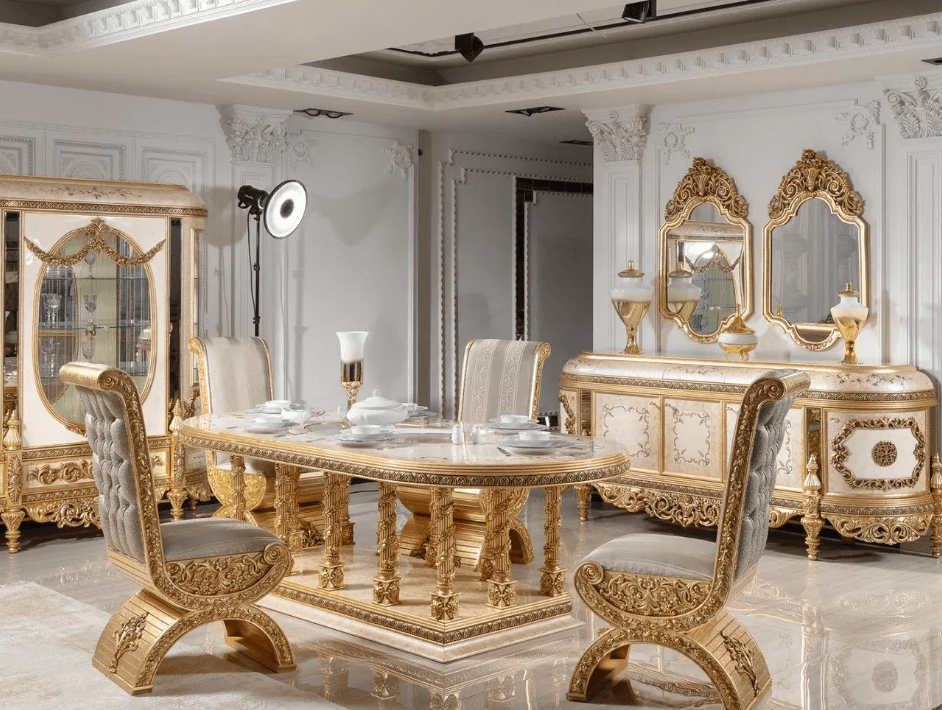 Golden Luxury Furniture White & Gold Carved 6-Seater Dining Set | Elegant Royal Design