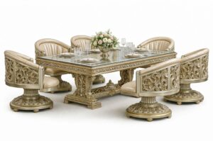 Golden Luxury Grand Royal Gold Leaf Ornate Dining Set with Glass-Top Table & Fully Carved Swivel Barrel Chairs – Ultra-Luxury Classic Collection