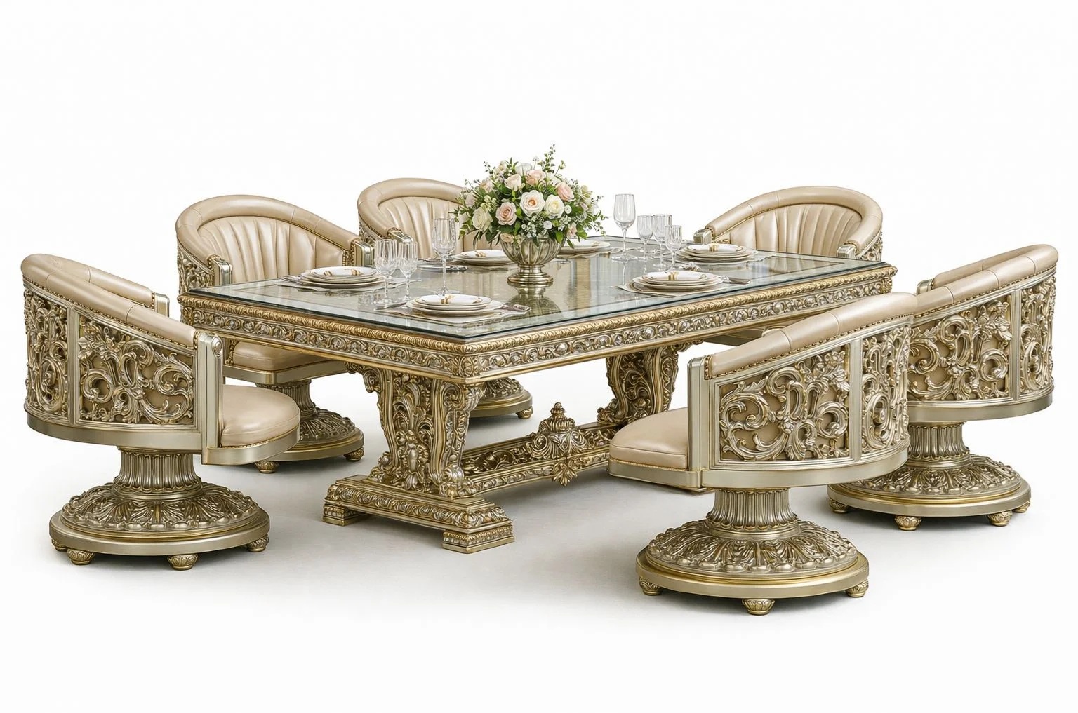 Golden Luxury Grand Royal Gold Leaf Ornate Dining Set with Glass-Top Table & Fully Carved Swivel Barrel Chairs – Ultra-Luxury Classic Collection