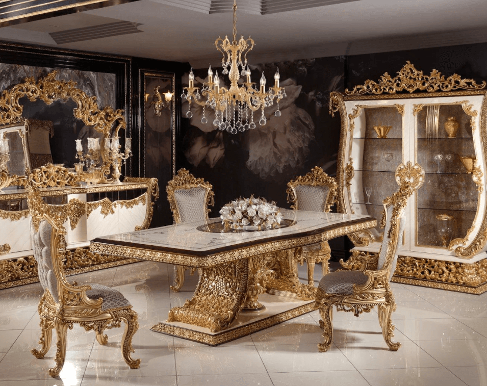Golden Luxury Furniture Carved Dining Set (6-Seater) Classic European Elegance