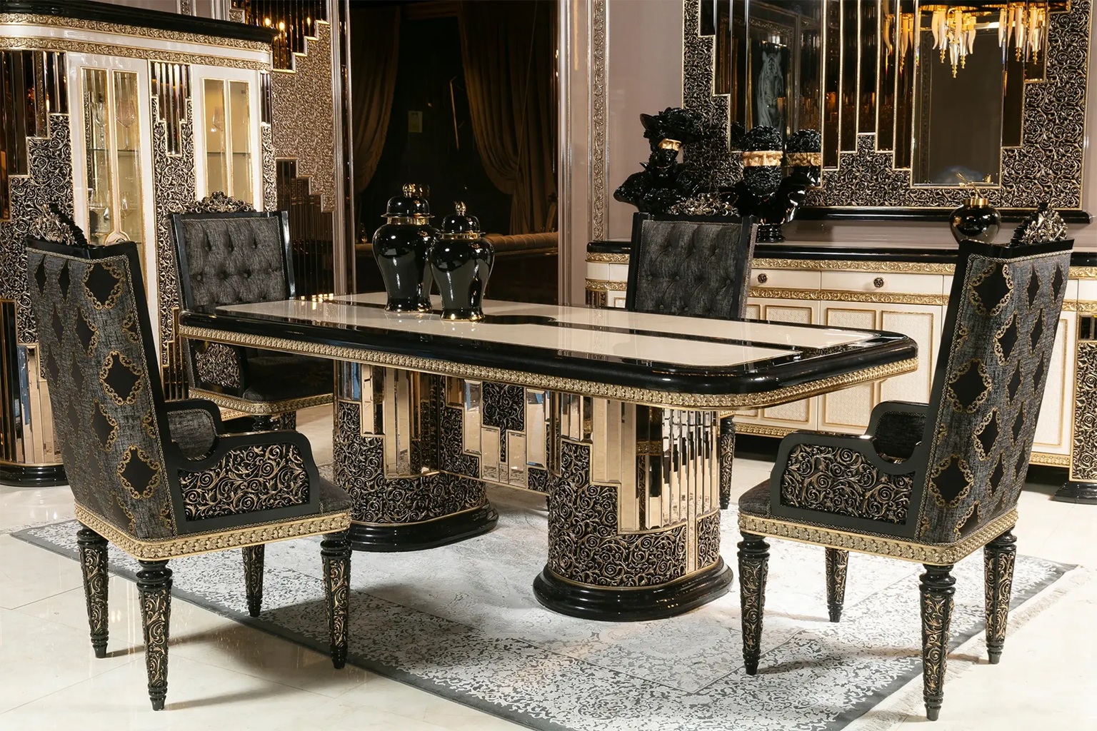Royal Collection Black And Gold Dining Set – Lavishly Carved 6-Seater Table with Gold Inlays, Mirror Finish, and Designer Tufted Chairs