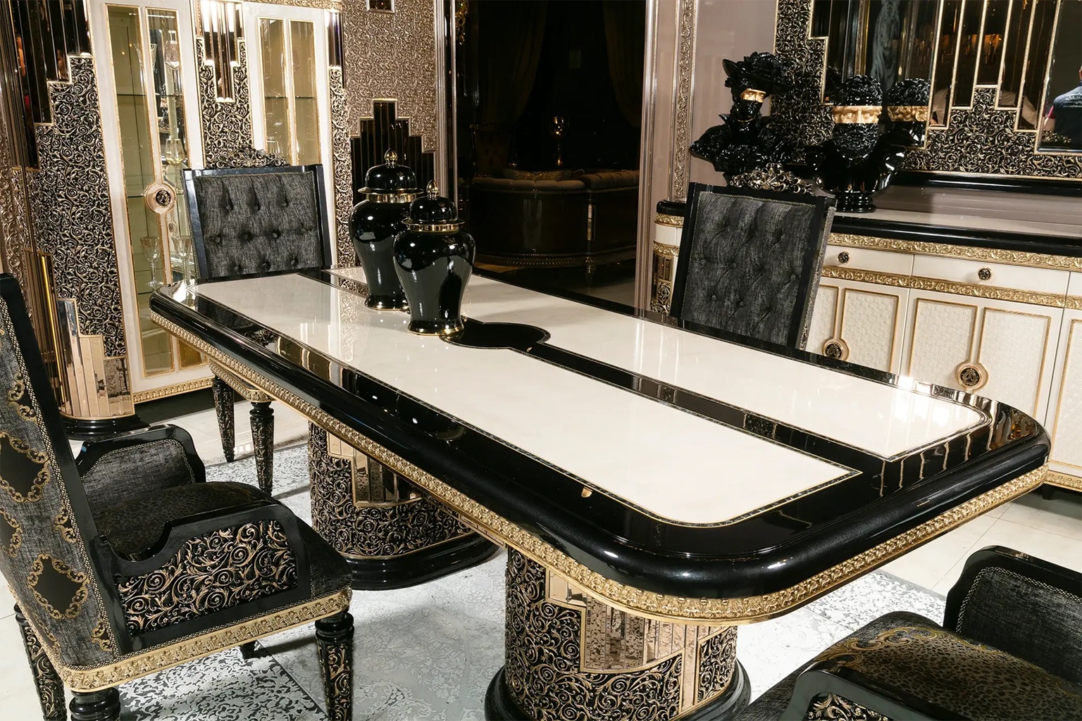 Golden Luxury Furniture Royal Collection Black And Gold Dining Set – Lavishly Carved 6-Seater Table with Gold Inlays, Mirror Finish, and Designer Tufted Chairs - Image 2