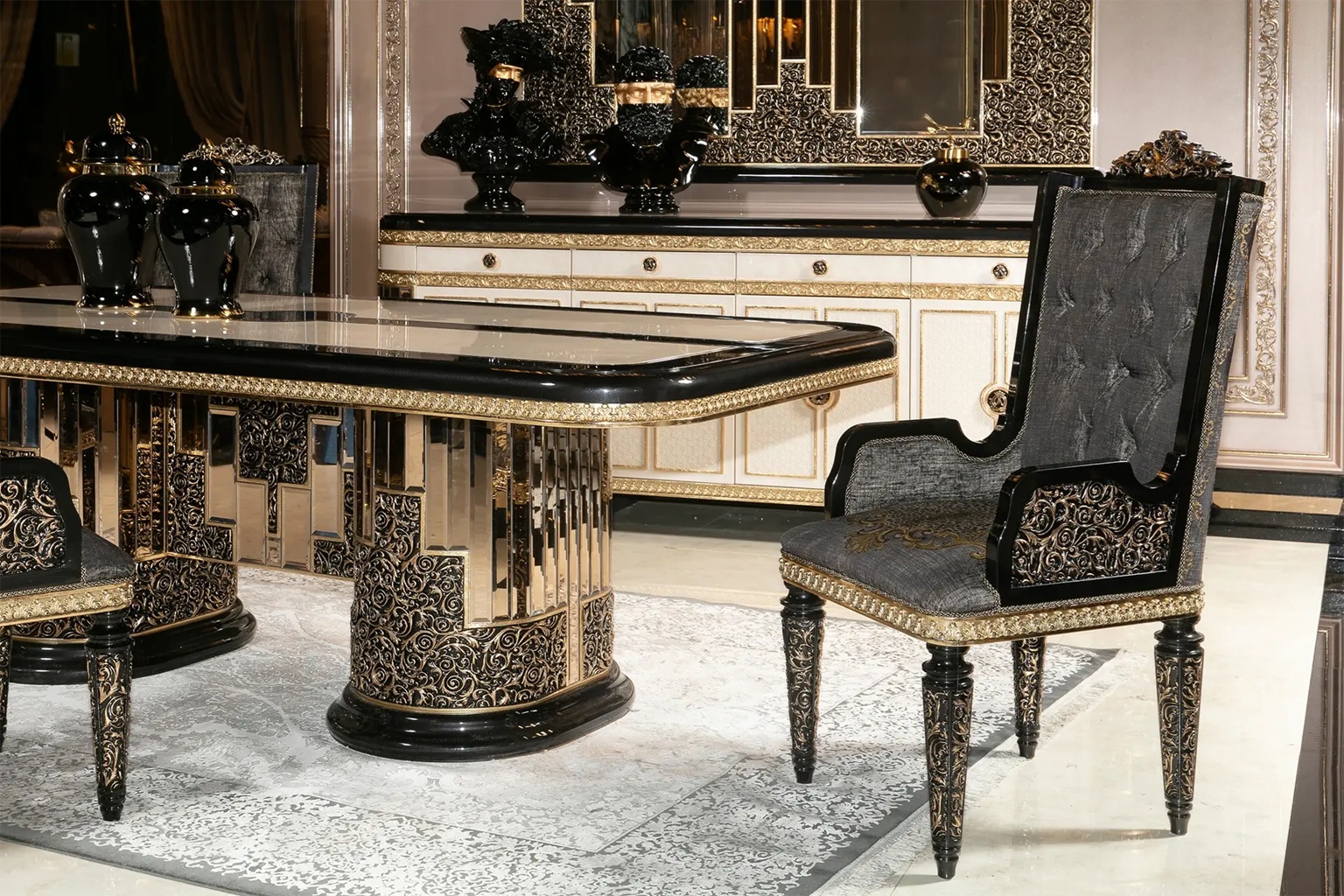 Golden Luxury Furniture Royal Collection Black And Gold Dining Set – Lavishly Carved 6-Seater Table with Gold Inlays, Mirror Finish, and Designer Tufted Chairs - Image 3