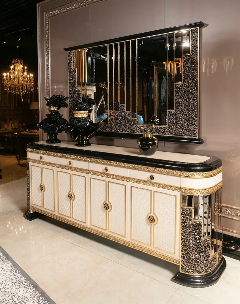 Golden Luxury Furniture Royal Collection Black And Gold Dining Set – Lavishly Carved 6-Seater Table with Gold Inlays, Mirror Finish, and Designer Tufted Chairs - Image 4