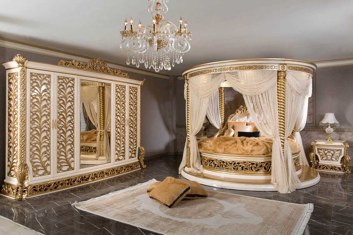 Golden Luxury Furniture Grand Round Bedroom Set – Cream And Gold, Ornate Luxury Carvings, Elegant Traditional Style