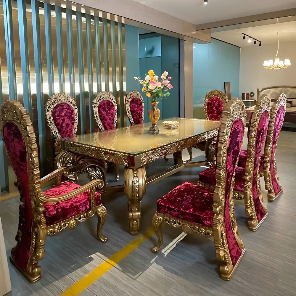 Golden Luxury Furniture Classic Opulent Dining Table Set – Red Velvet High‑Back Chairs, Gold Heavy Carving 8‑Seater