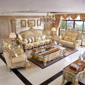Royal Gold Carved Wooden Sofa Set with Champagne Upholstery Sofa set 3+2+1 with canter table 2 side table